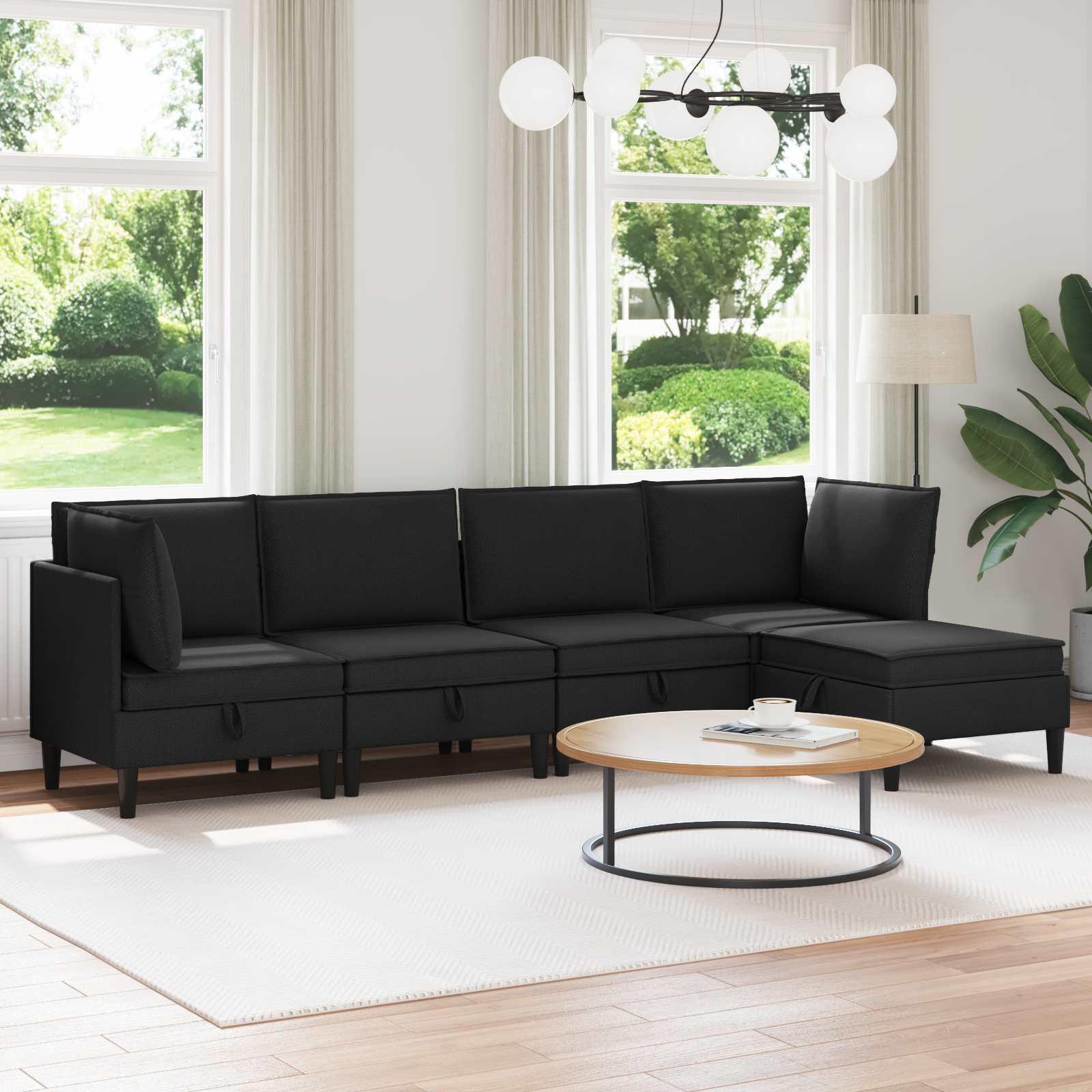 Stuesæt med 5 sæder i sort stof - modulopbygget hjørnesofa