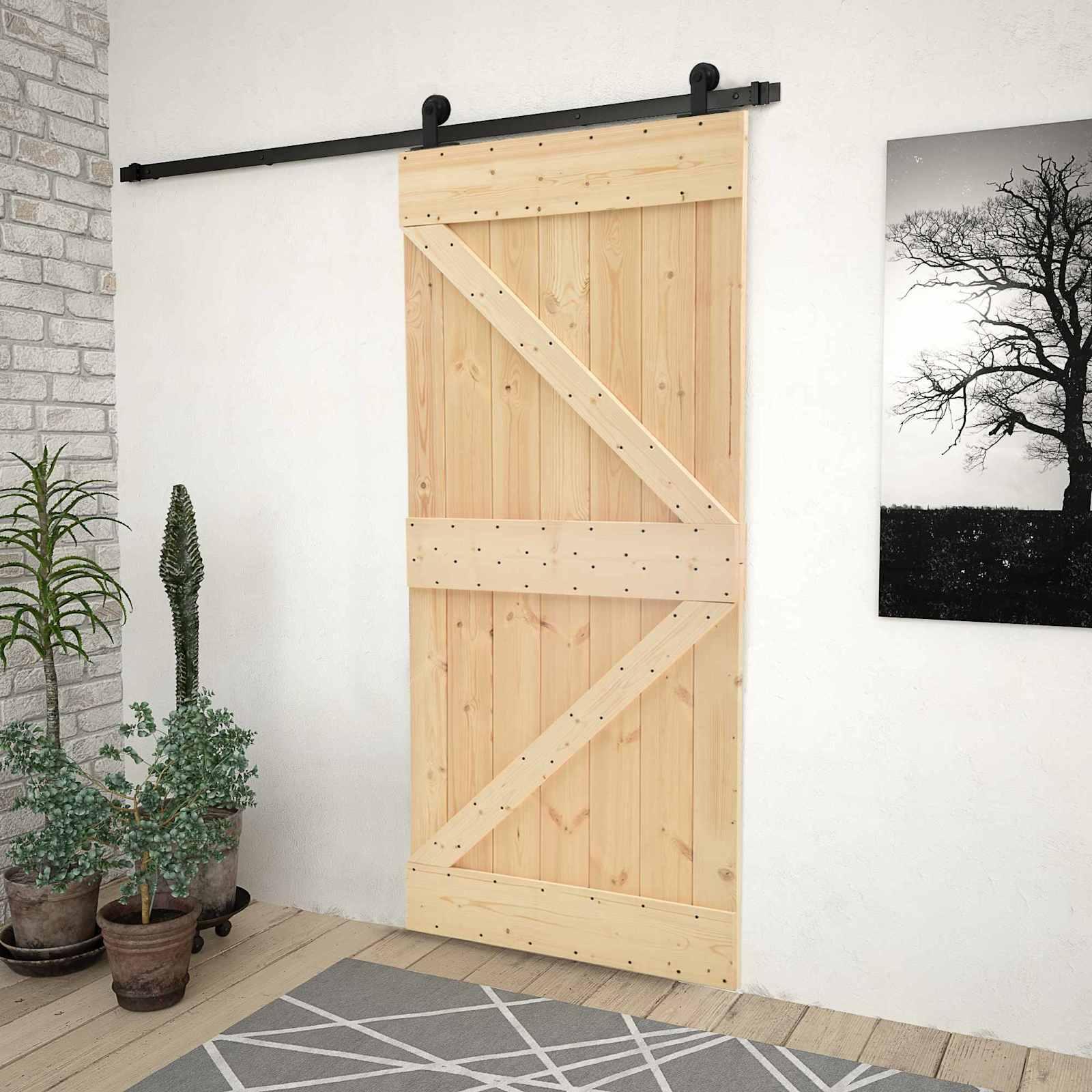 Skydedør Naturfarvet og sort 80 x 210 cm Massivt fyrretræ