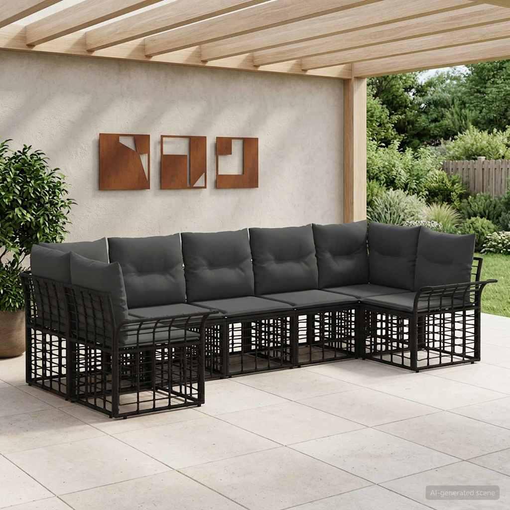 Udendørs sofagruppe i polyrattan - 7-personers modulsofa med puder, sort/mørkegrå