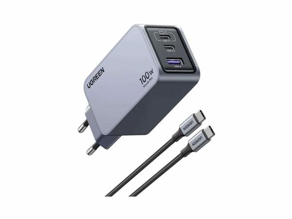 UGREEN Nexode 3-port GaN hurtigoplader 100 W - 2x USB‑C + USB-A billede