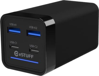 eSTUFF 65 W 4‑ports PD GaN vægoplader - 2x USB‑C + 2x USB‑A, sort