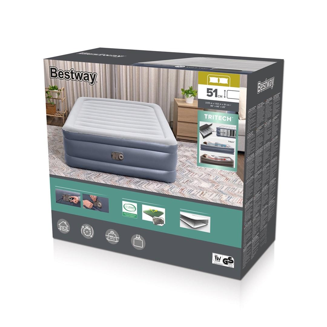 Bestway Tritech luftmadras Queen - indbygget 220-240 V pumpe, antimikrobiel - 203 × 152 × 51 cm billede