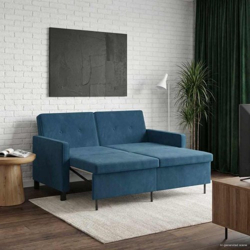 Sovesofa i blå polyester - 2-personers med udtræk og justerbart ryglæn