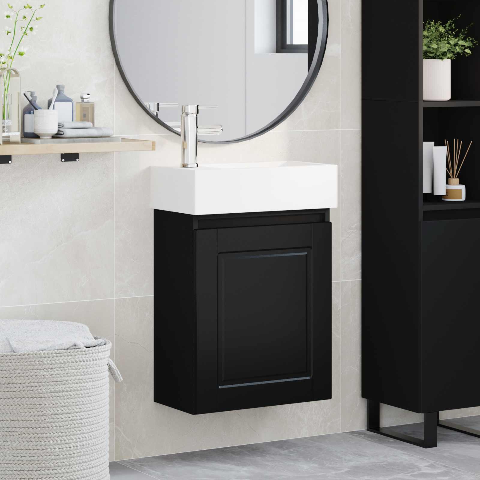 Badeværelses vanity-enhed med blandingshane - sort, vægmonteret 45,5 × 22,5 × 84 cm