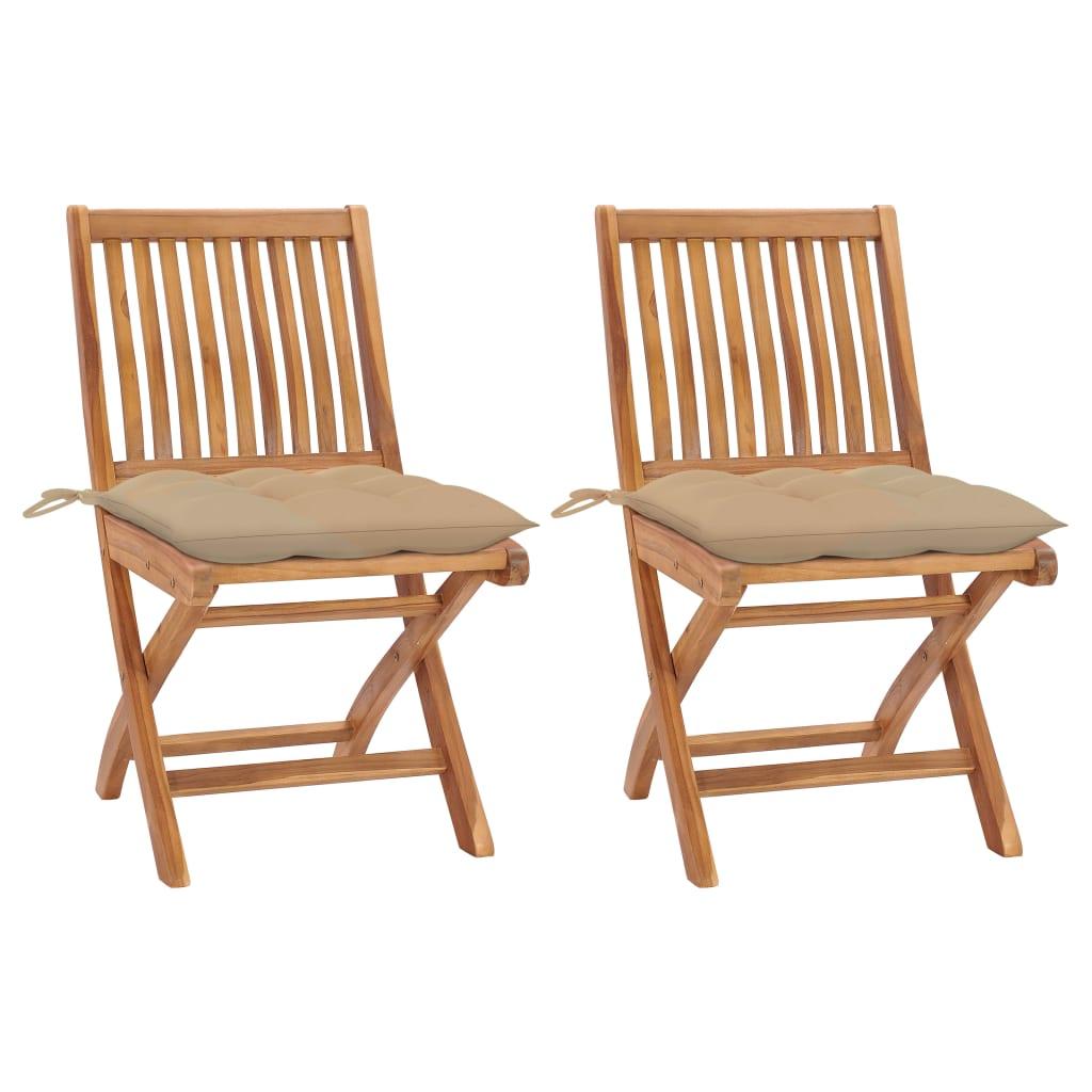 Havestole 2 stk. med beige hynder massivt teaktræ
