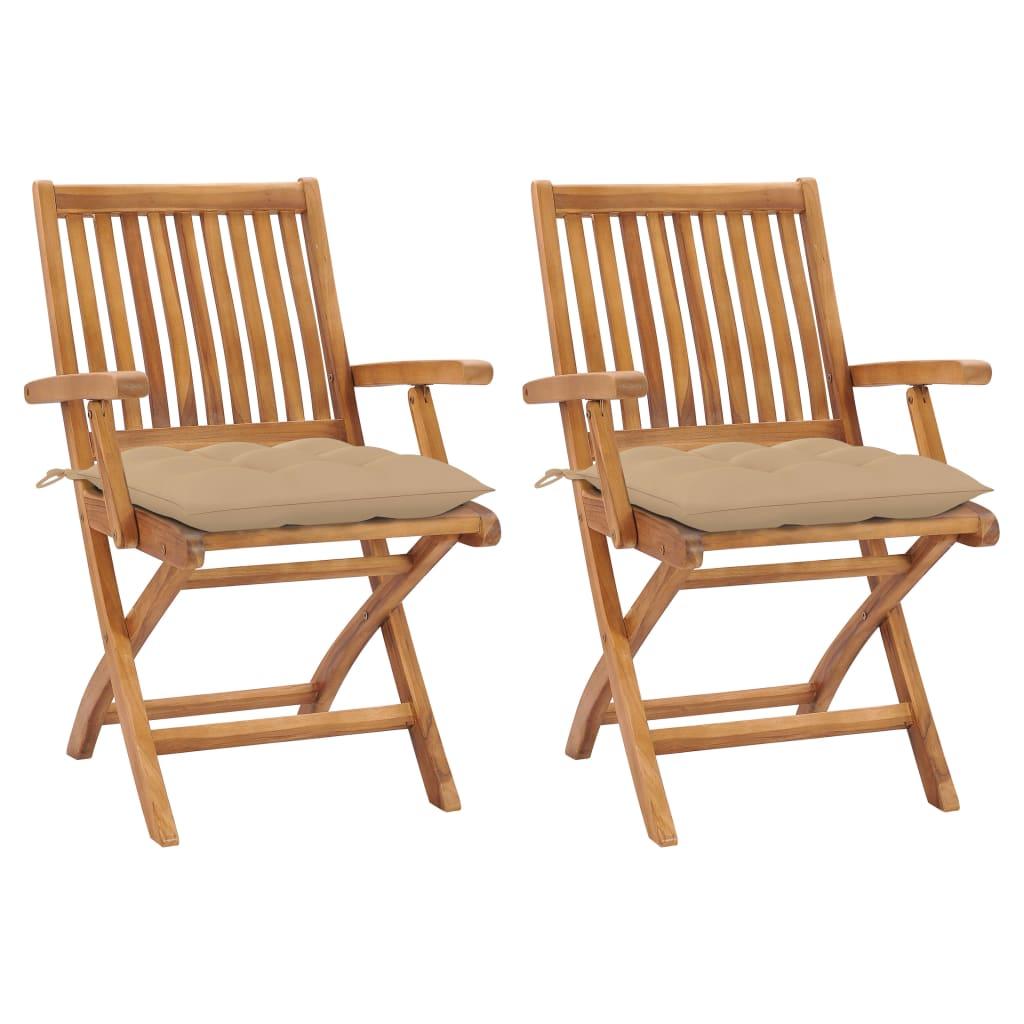 Havestole 2 stk. med beige hynder massivt teaktræ