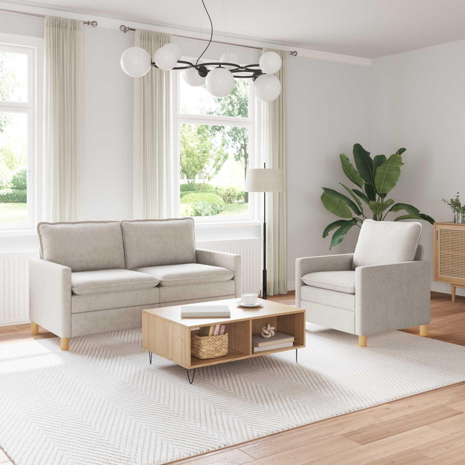 Sofa sæt i creme - 2 pers. sofa + lænestol, polyester