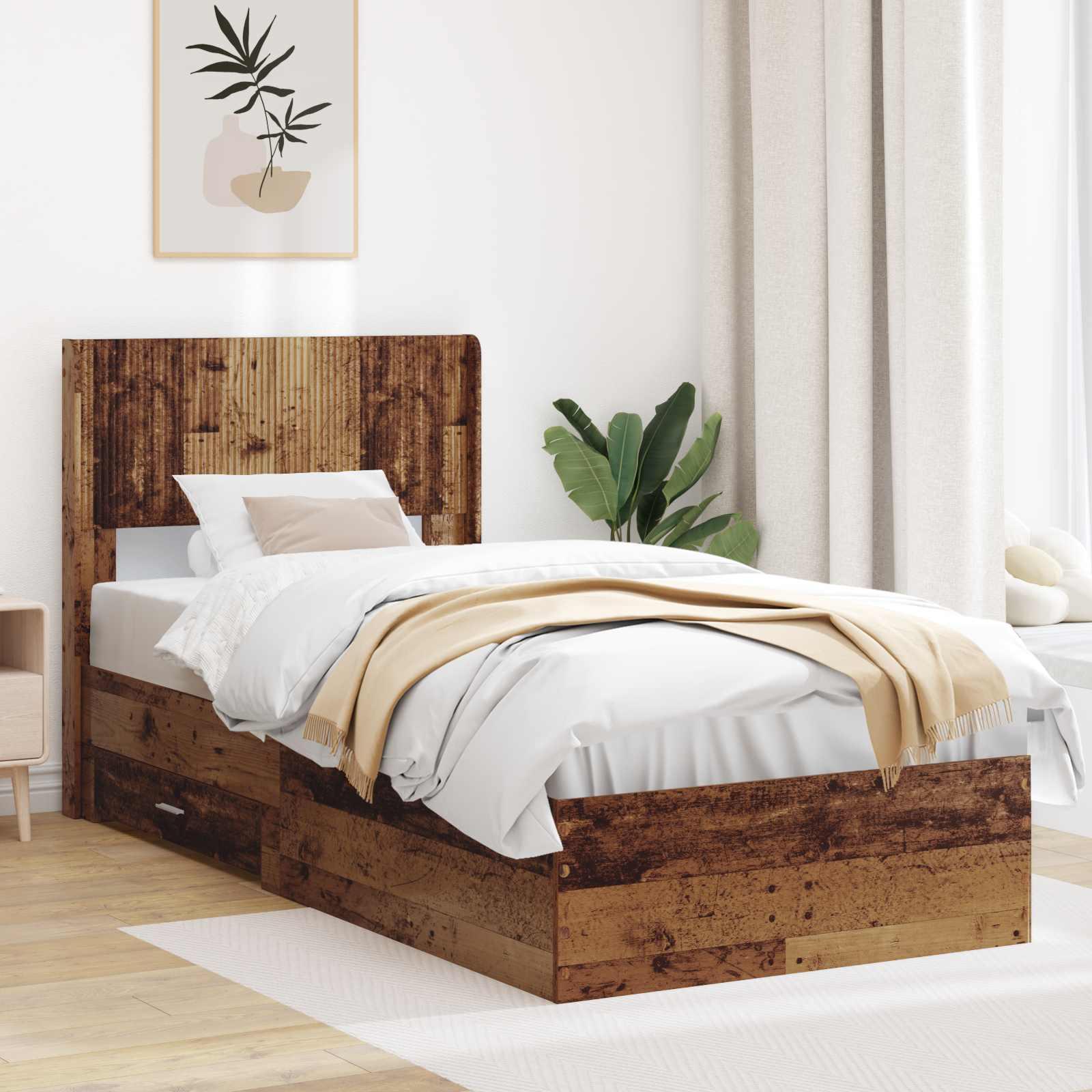 Sengestel med opbevaring og hovedgærde Gammelt træ 90 x 200 cm
