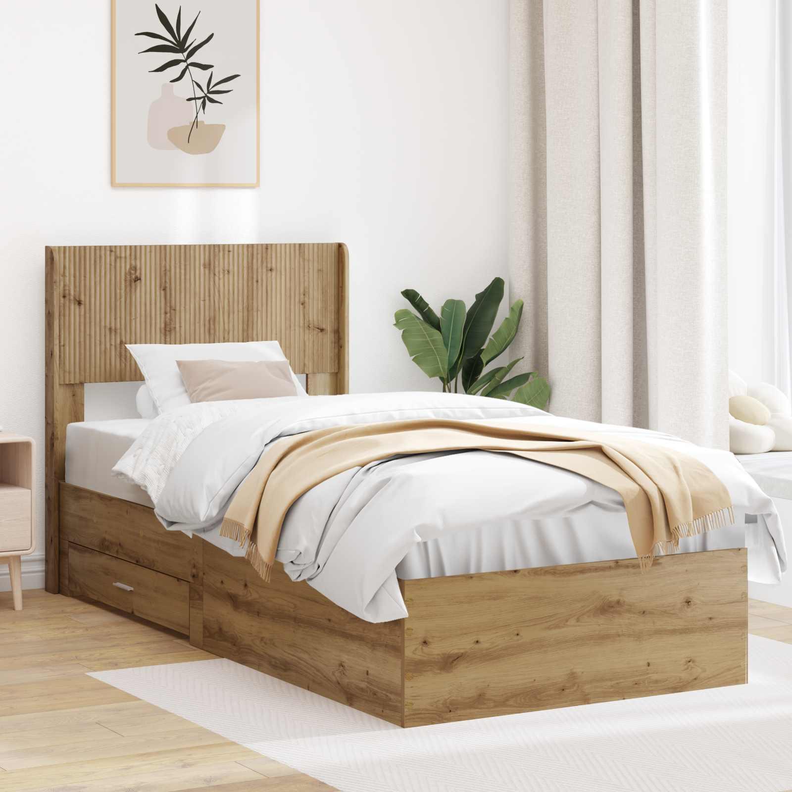 Sengestel med opbevaring og hovedgærde Artisan-eg 100 x 200 cm