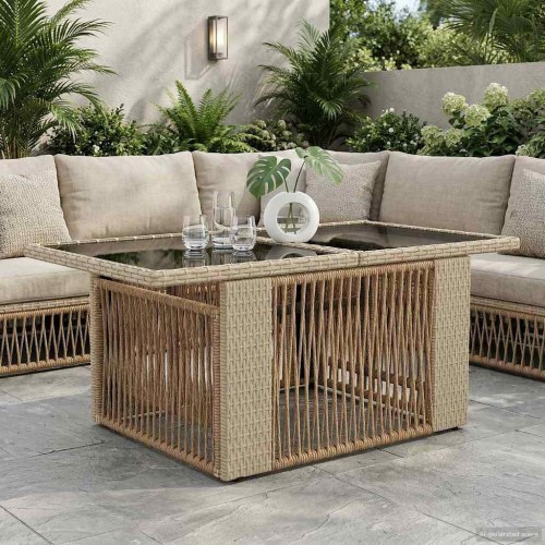 Havemøbel Bord Beige 100 x 55 x 37 cm PE Rattan og Glas