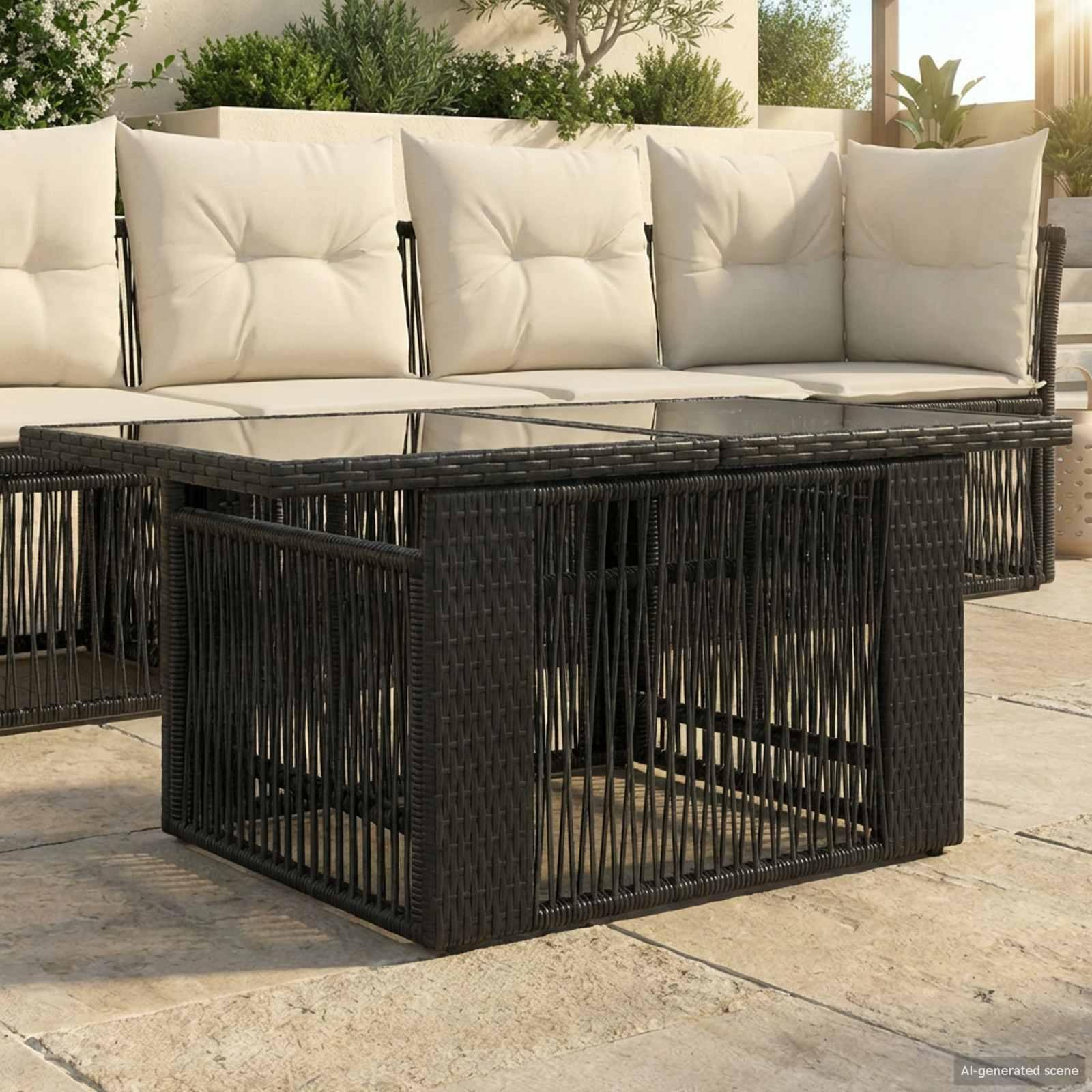 Havemøbel Bord Sort 100 x 55 x 37 cm PE Rattan og Glas