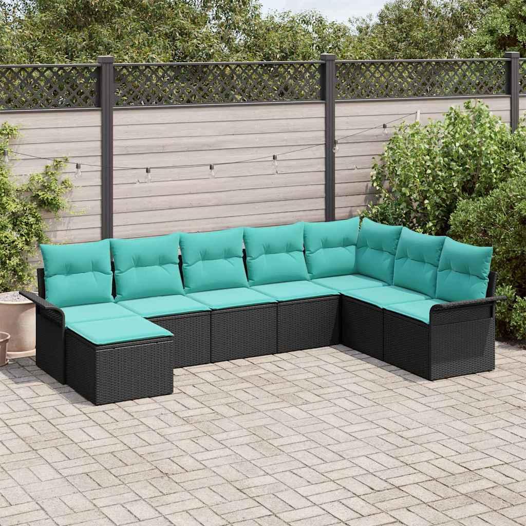 Havesofa Sæt med pude 8 stk Sort polyrattan