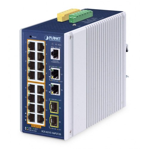 PLANET IGS-4215-16P2T2S industriel L2/L4 gigabit PoE-switch - 16 porte, IP30, aluminium/blå