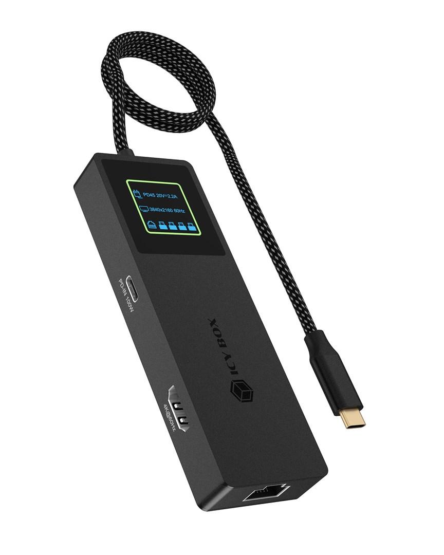 ICY BOX Spade Dock 4038 - 7‑i‑1 USB‑C dockingstation med LCD‑display og PD 100 W