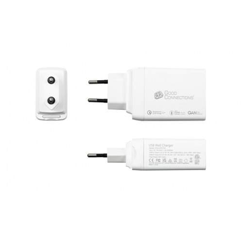 Vægoplader 65 W med 2x USB-C PD 3.0 + USB-A QC 4+ - hvid (GaN)