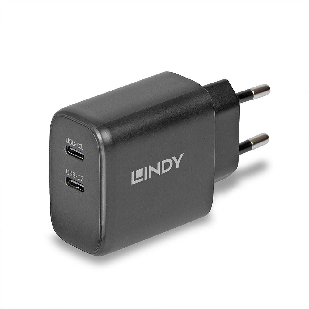 LINDY 65W USB-C GaN vægoplader - 2 porte, Power Delivery 3.0
