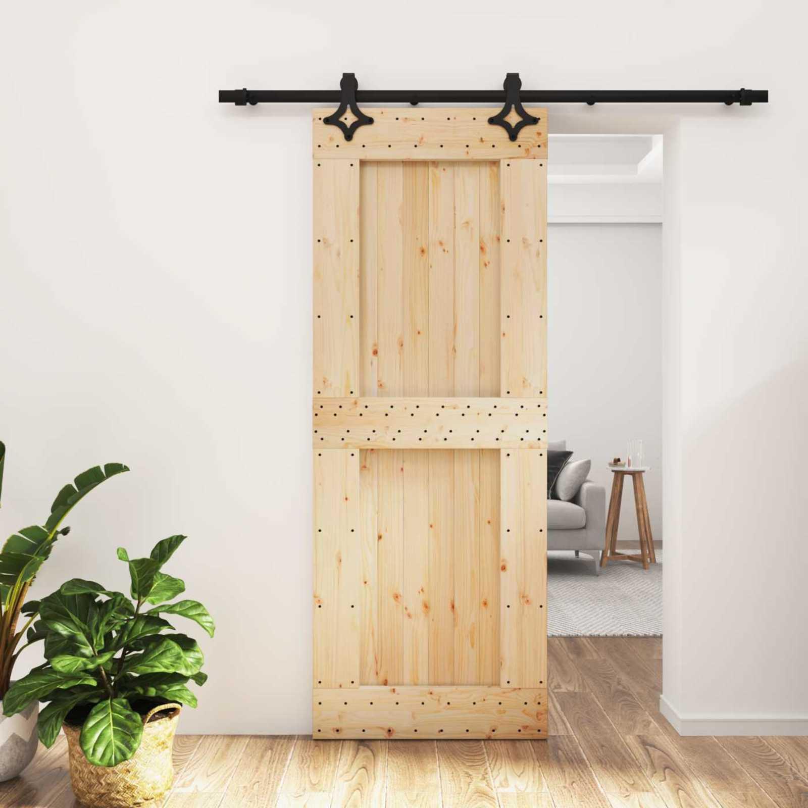 Skydedør Naturfarvet og sort 80 x 210 cm Massivt Fyrretræ