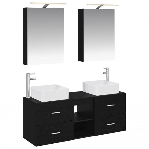 Badeværelsesmøbel sæt 5 stk Sort eg Konstrueret træ og glas
