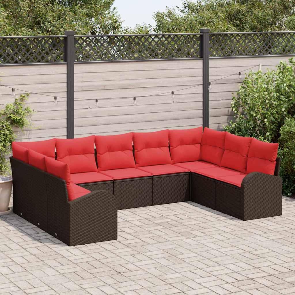 Havesofa Sæt med pude 9 stk Brun og Rød polyrattan