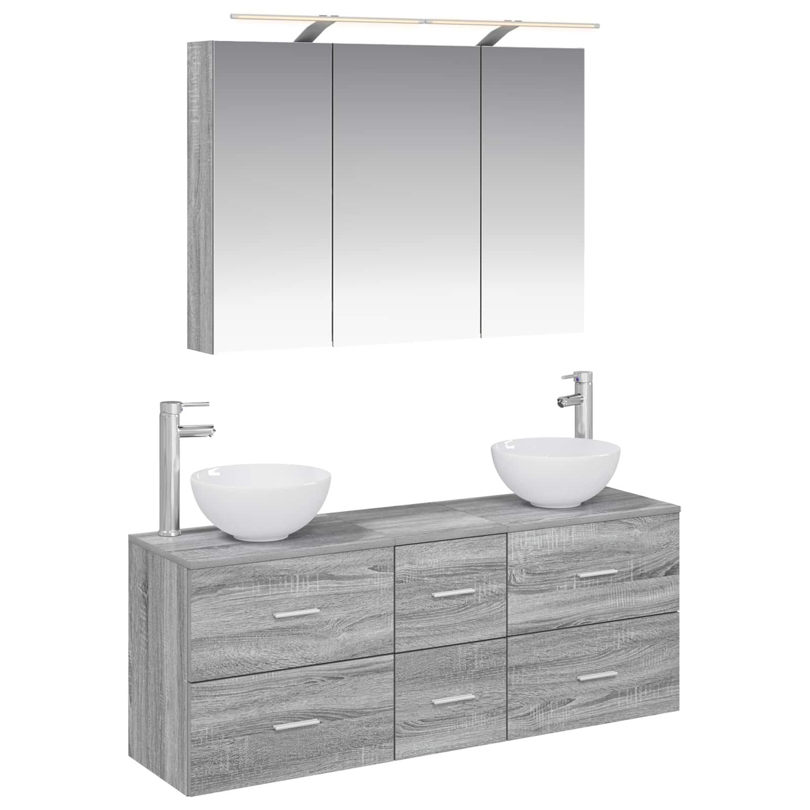 Badeværelsesmøbelsæt med LED-spejl - 4 dele, grå sonoma, konstrueret træ og glas