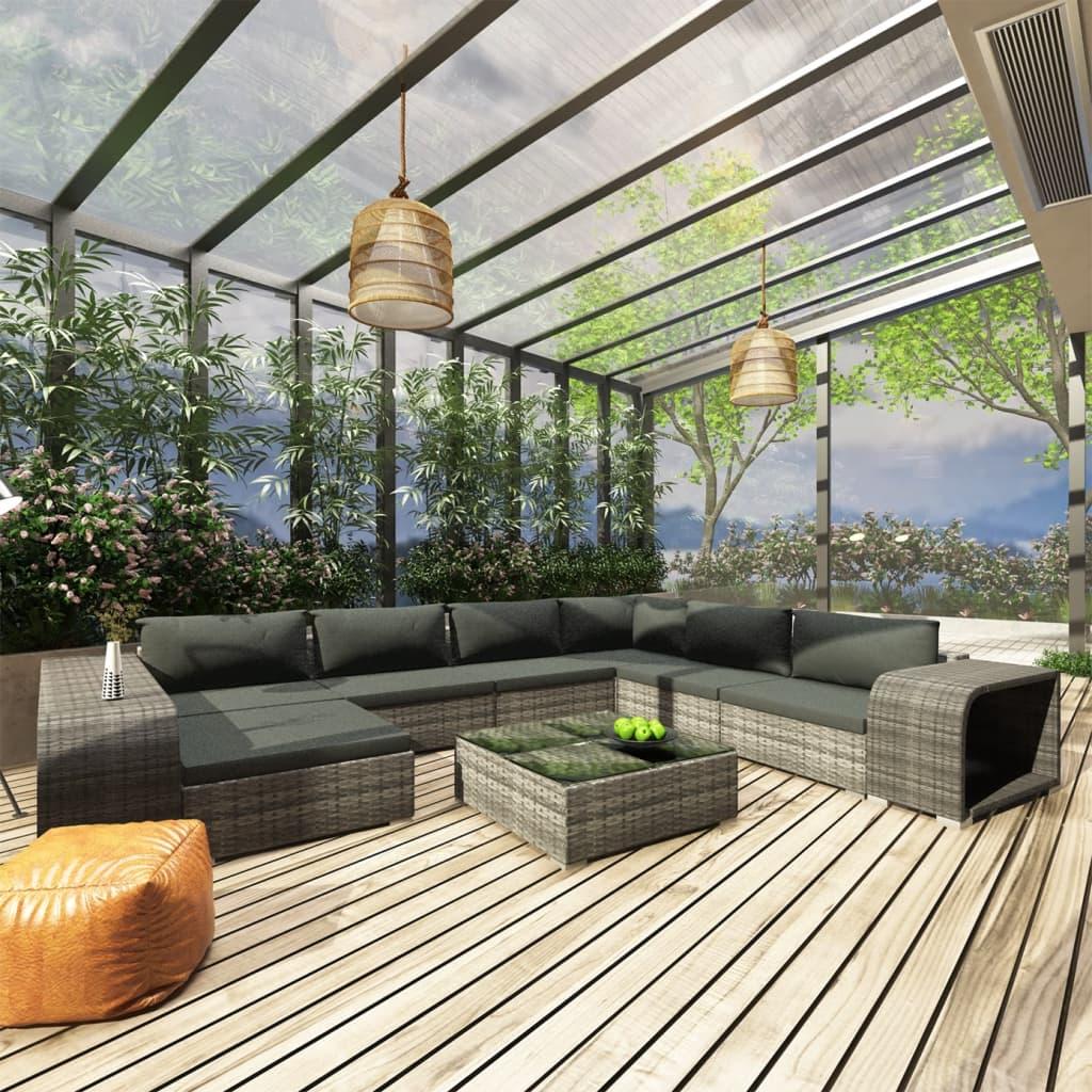 Loungesæt til haven - 10 dele med hynder i polyrattan, grå