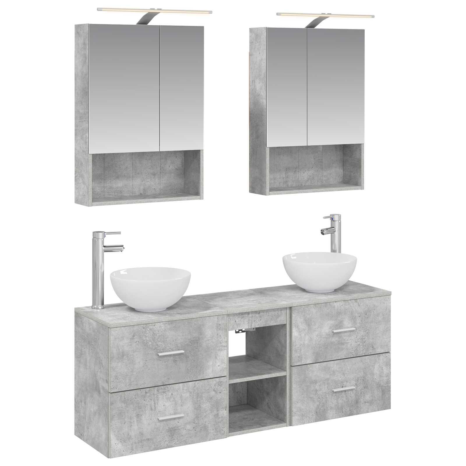 Badeværelsesskabsæt med LED-spejl - 5 dele, betongrå, 50 × 14,5 × 70 cm