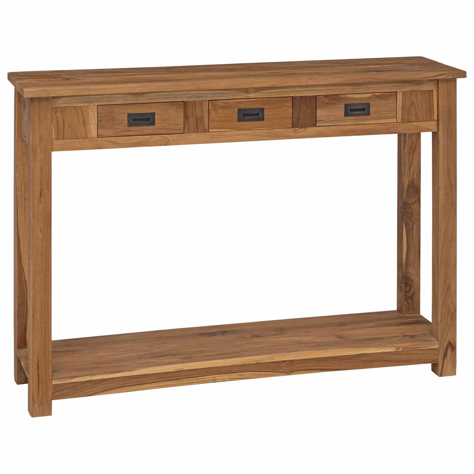 Konsolbord i massiv teak - natur, 110 × 30 × 80 cm med 3 skuffer