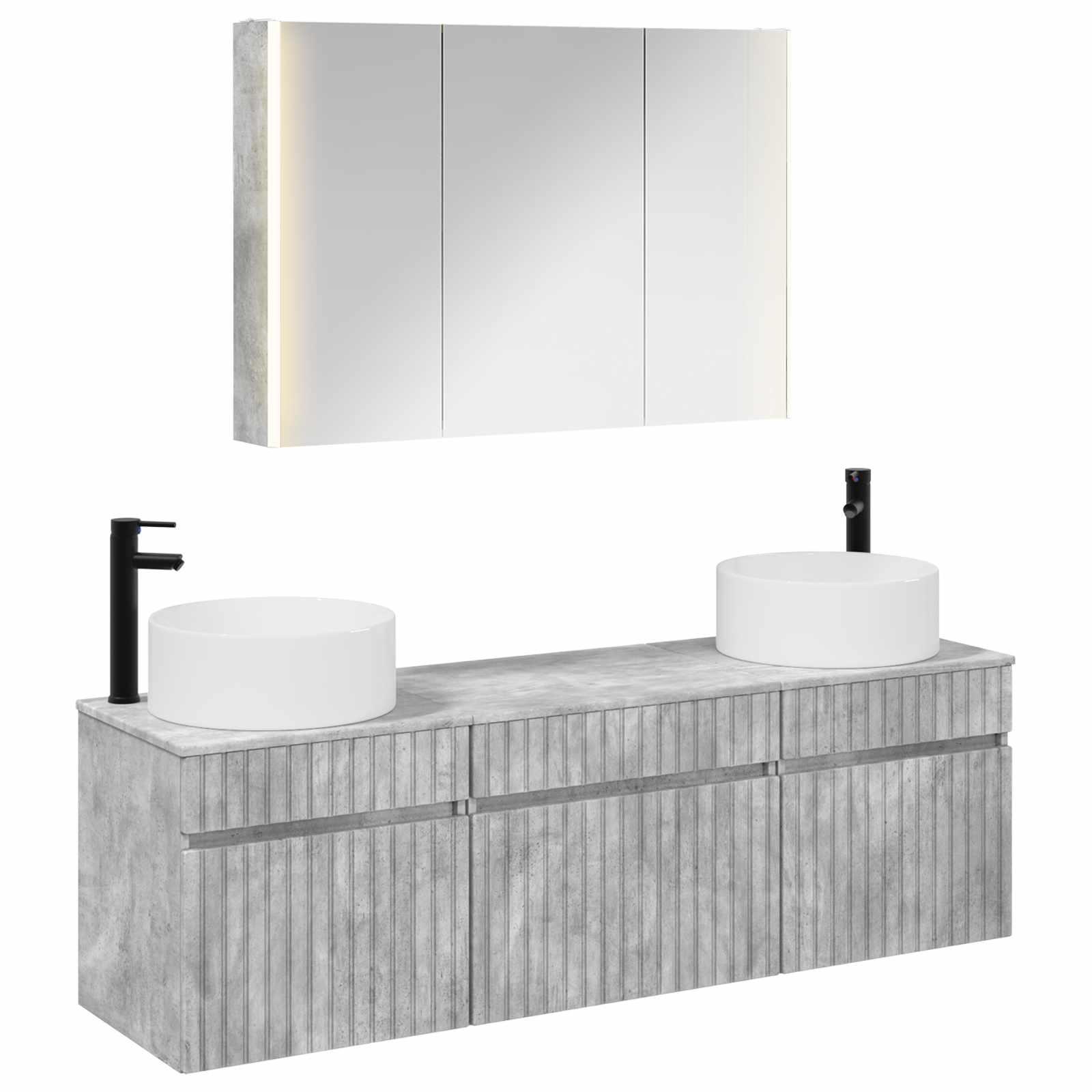 Badeværelsesskabsæt med LED-spejl - betongrå, 4 dele, 103,5 × 15,5 × 70 cm