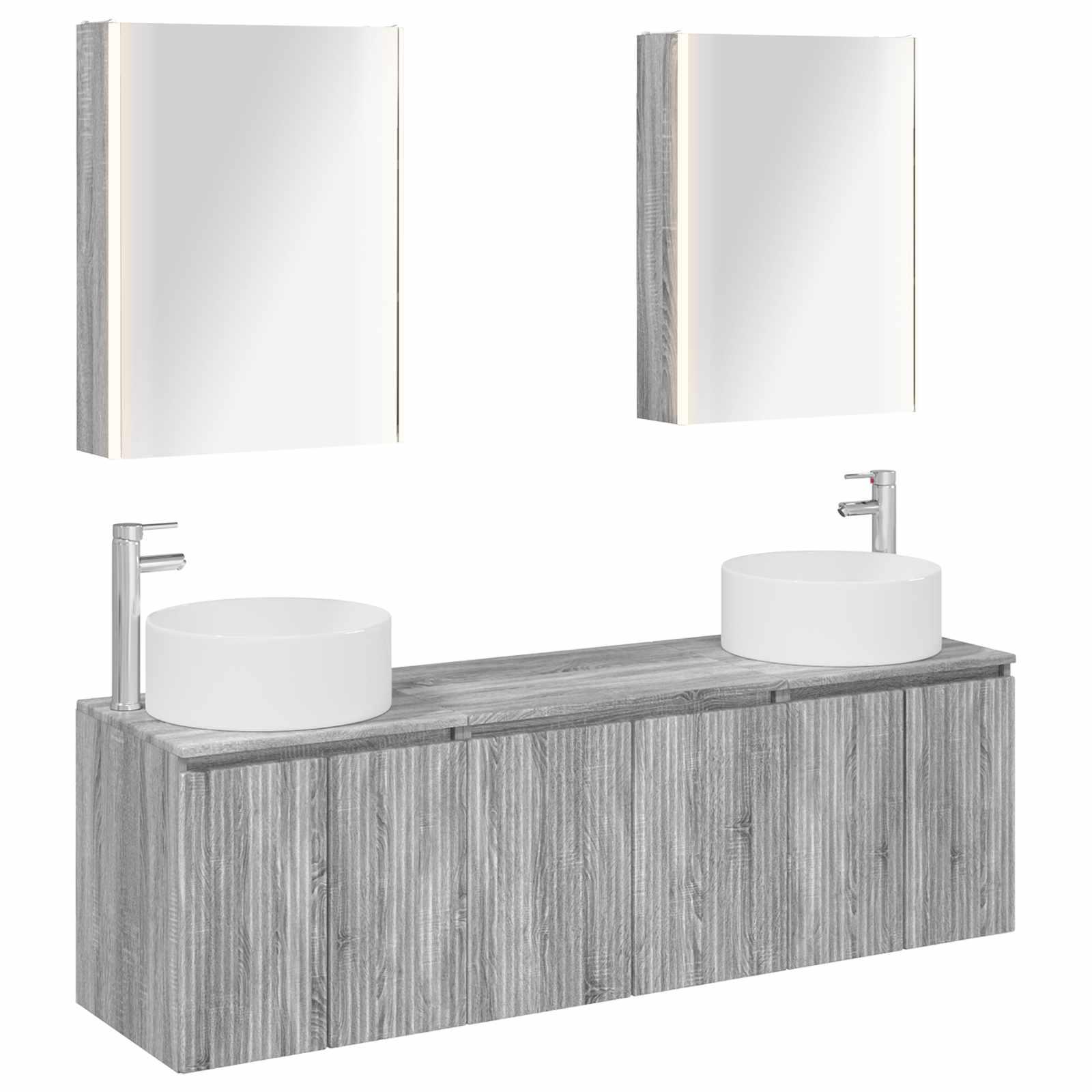 Badeværelsesskabsæt 5 stk - grå sonoma, vægmonteret konstrueret træ med spejllamper