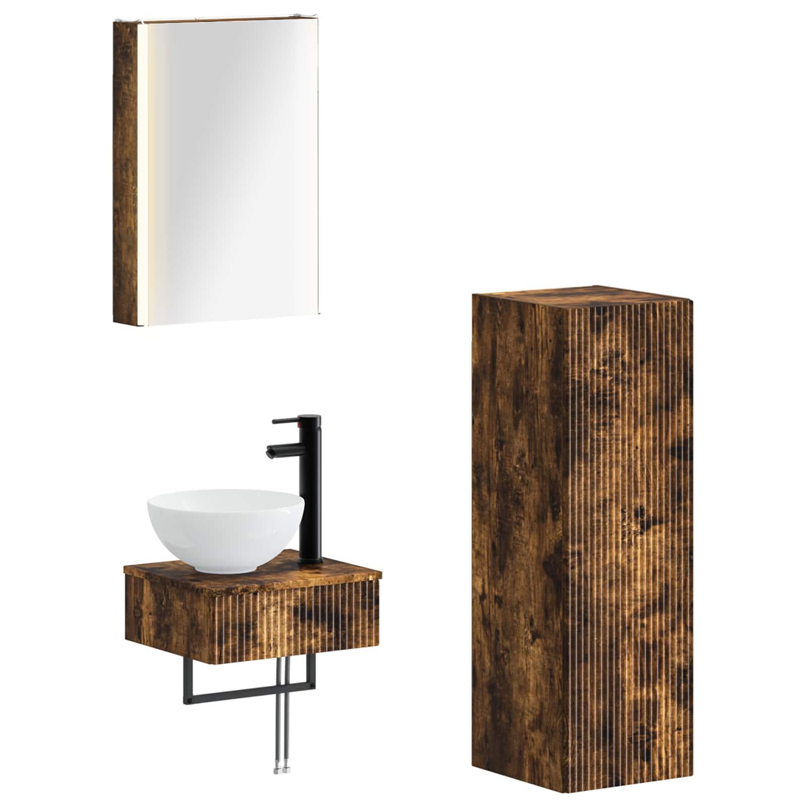 Badeværelsesskabsæt med LED - 4 dele, røget eg, 43 × 11,5 × 60,5 cm