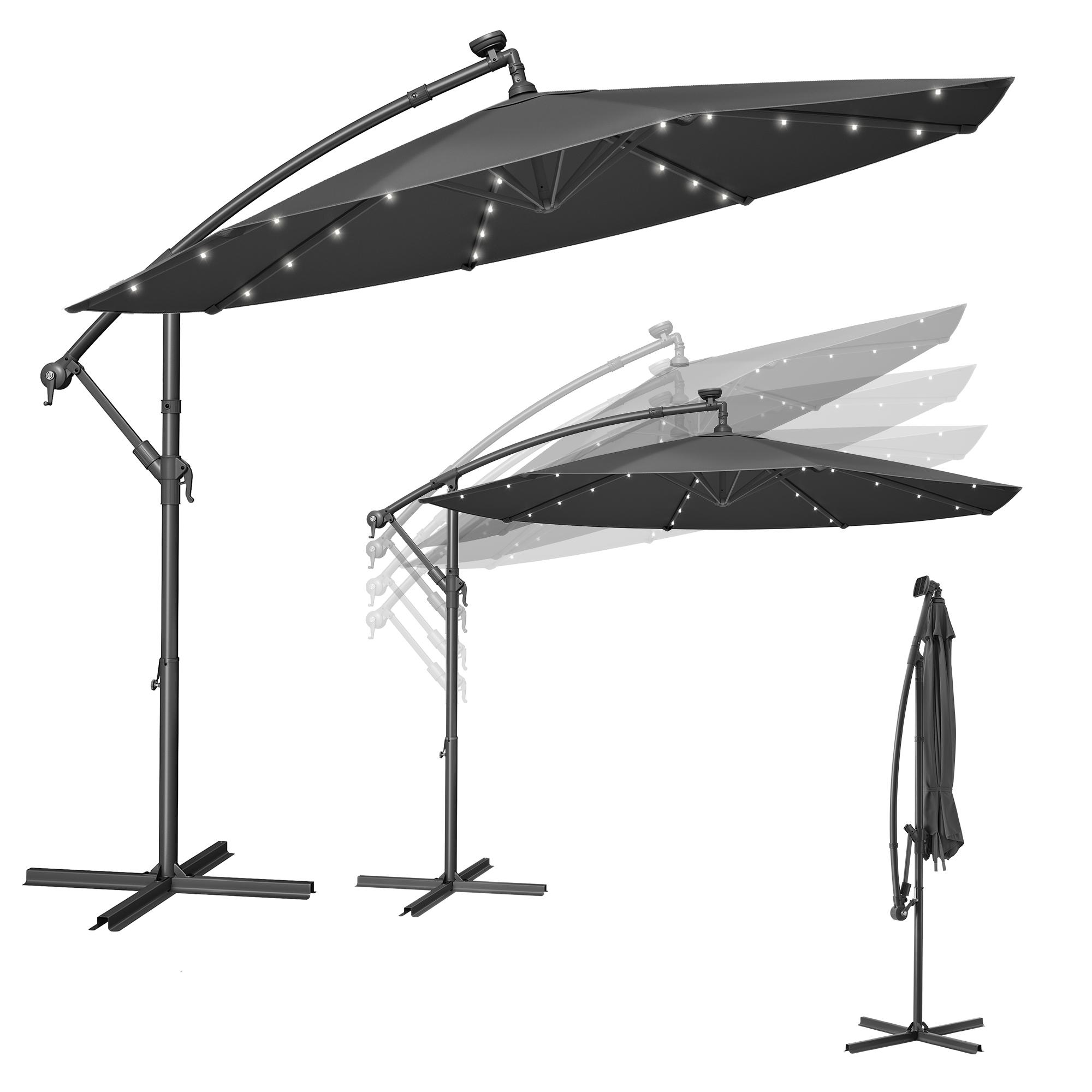 Hængeparasols med solcelledrevne LED-lys, 3 m - grå, med krydsfod og krank, UPF 50+