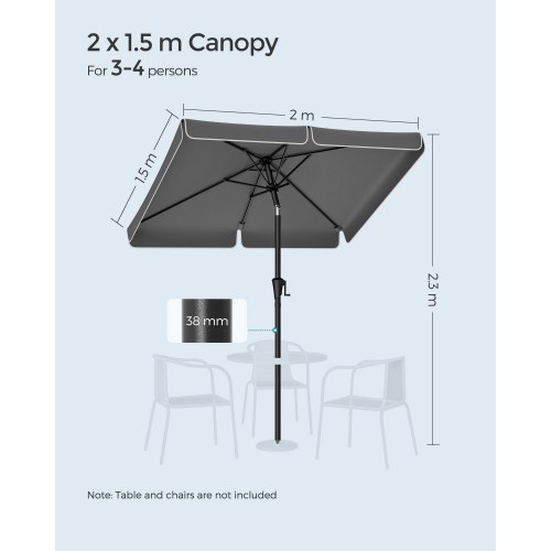 Rektangulær parasol 2 × 1,5 m med vippefunktion - grå, UPF 50+