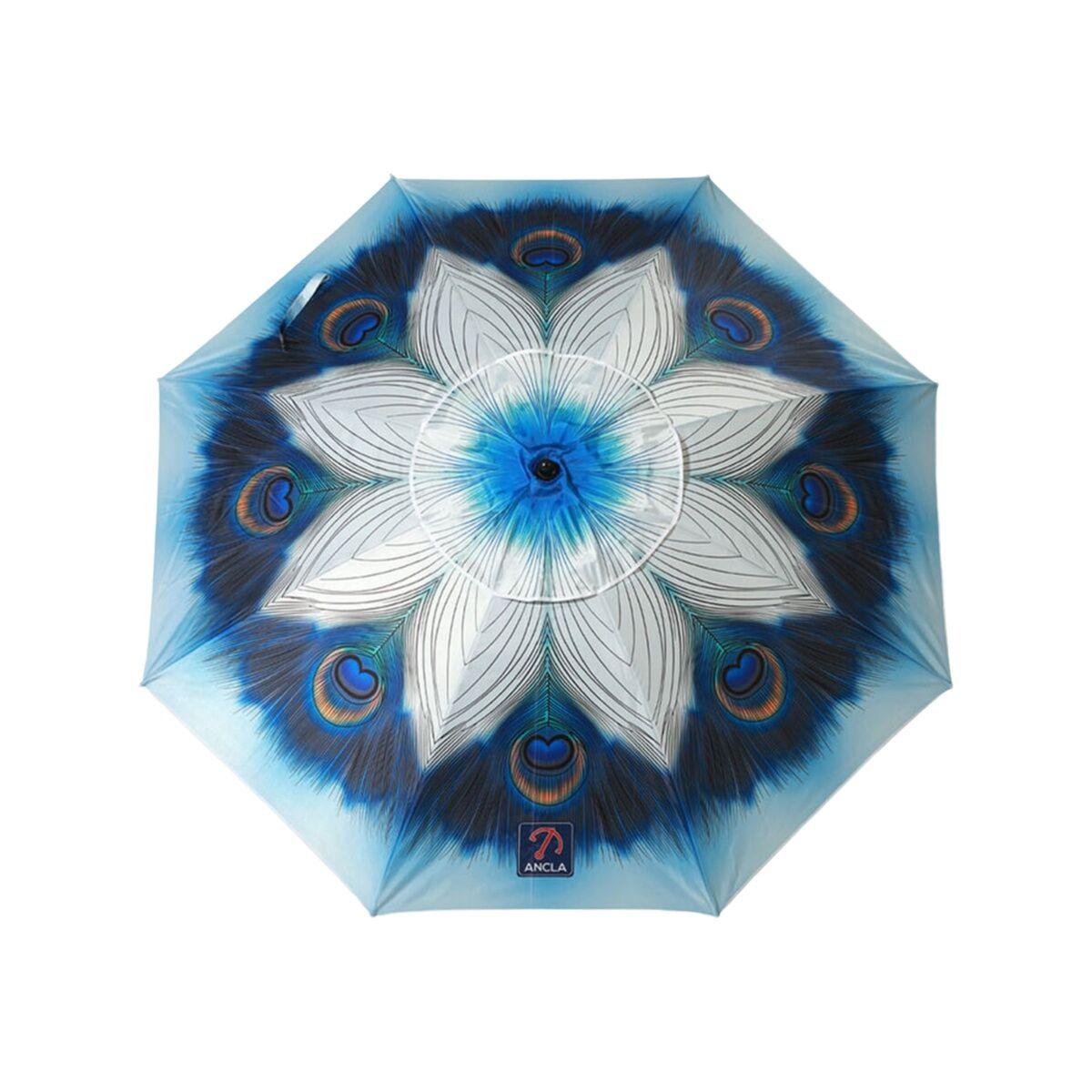 Solskærm Ø 200 cm - blå parasol med påfuglemotiv og SPF50+