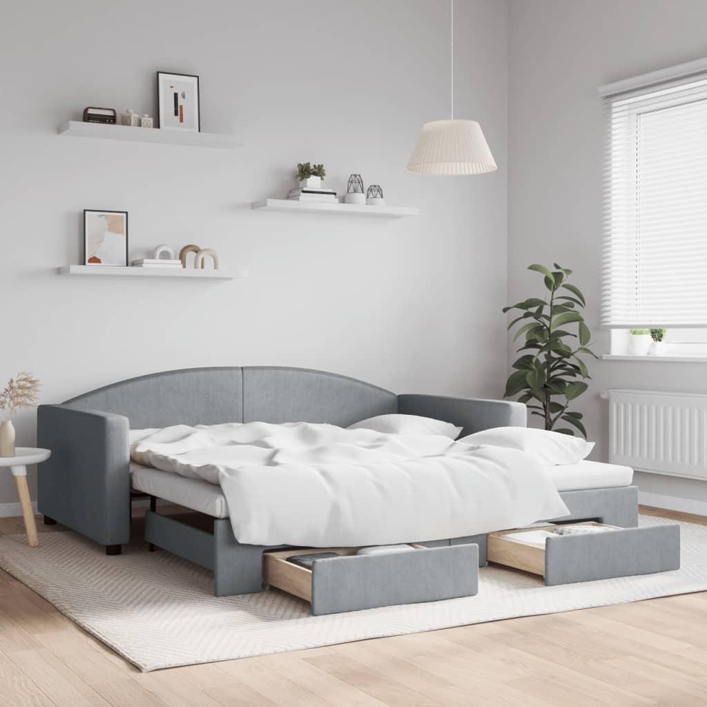 daybed med udtræk og skuffer 100x190 cm stof lysegrå