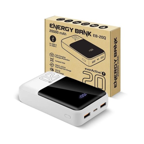 everActive EB-20Q powerbank 20.000 mAh - 22,5 W, 2x USB + USB‑C, hvid