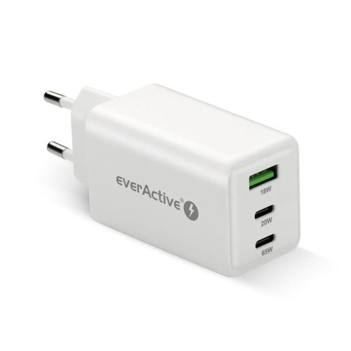 everActive SC-655Q GaN vægoplader - 1x USB, 2x USB‑C, Quick Charge 4+, 65 W - hvid