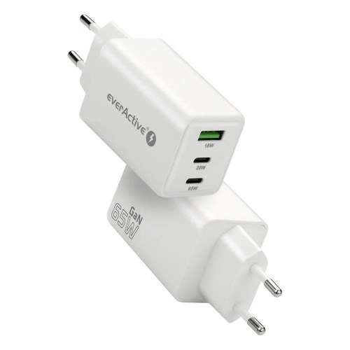 everActive SC-655Q GaN vægoplader - 1x USB, 2x USB‑C, Quick Charge 4+, 65 W - hvid