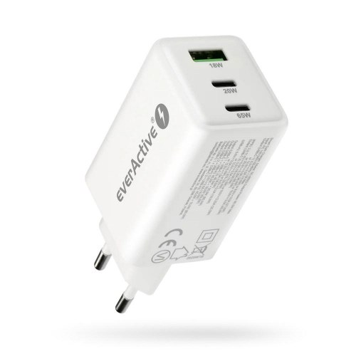 everActive SC-655Q GaN vægoplader - 1x USB, 2x USB‑C, Quick Charge 4+, 65 W - hvid