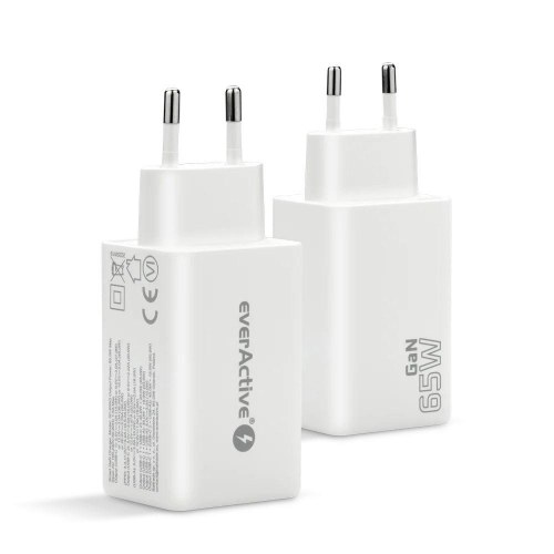 everActive SC-655Q GaN vægoplader - 1x USB, 2x USB‑C, Quick Charge 4+, 65 W - hvid