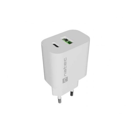 Natec Ribera vægoplader 20 W - 1x USB-A + 1x USB-C, hvid