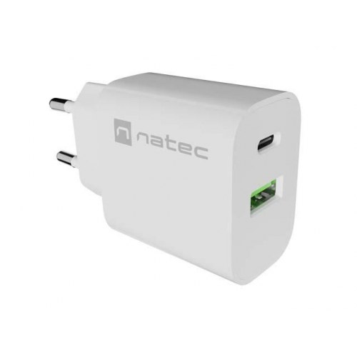 Natec Ribera vægoplader 20 W - 1x USB-A + 1x USB-C, hvid