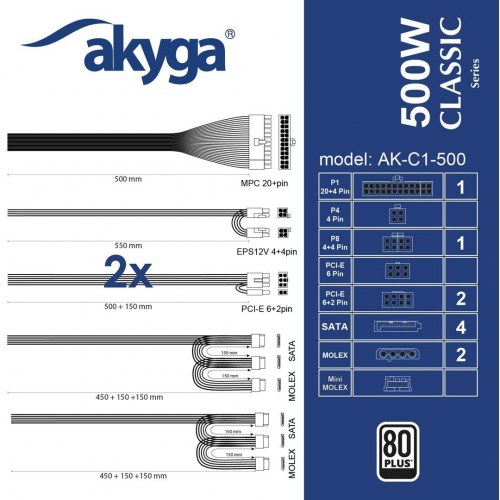 Akyga AK-C1-500 ATX strømforsyning 500 W - sort