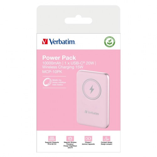 Verbatim Charge 'n' Go magnetisk trådløs powerbank 10.000 mAh - pink