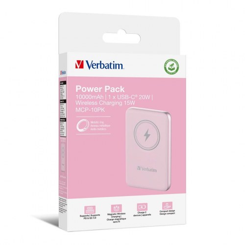 Verbatim Charge 'n' Go magnetisk trådløs powerbank 10.000 mAh - pink