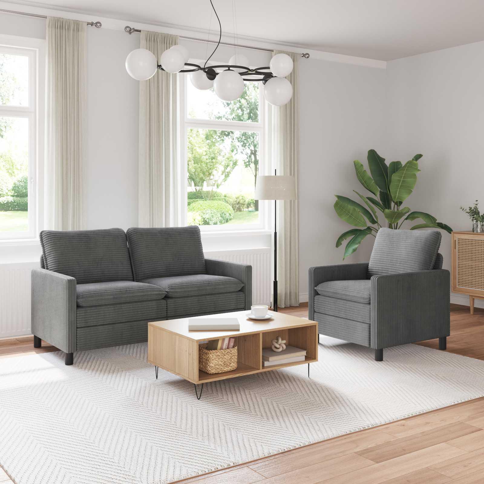 Sofa Sæt 2 stk Lysegrå Polyester