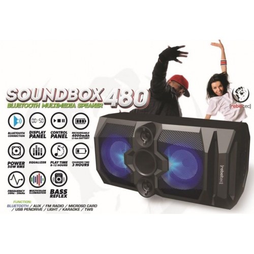 Rebeltec SoundBox 480 bærbar Bluetooth-stereohøjttaler - Sort, 50 W RMS