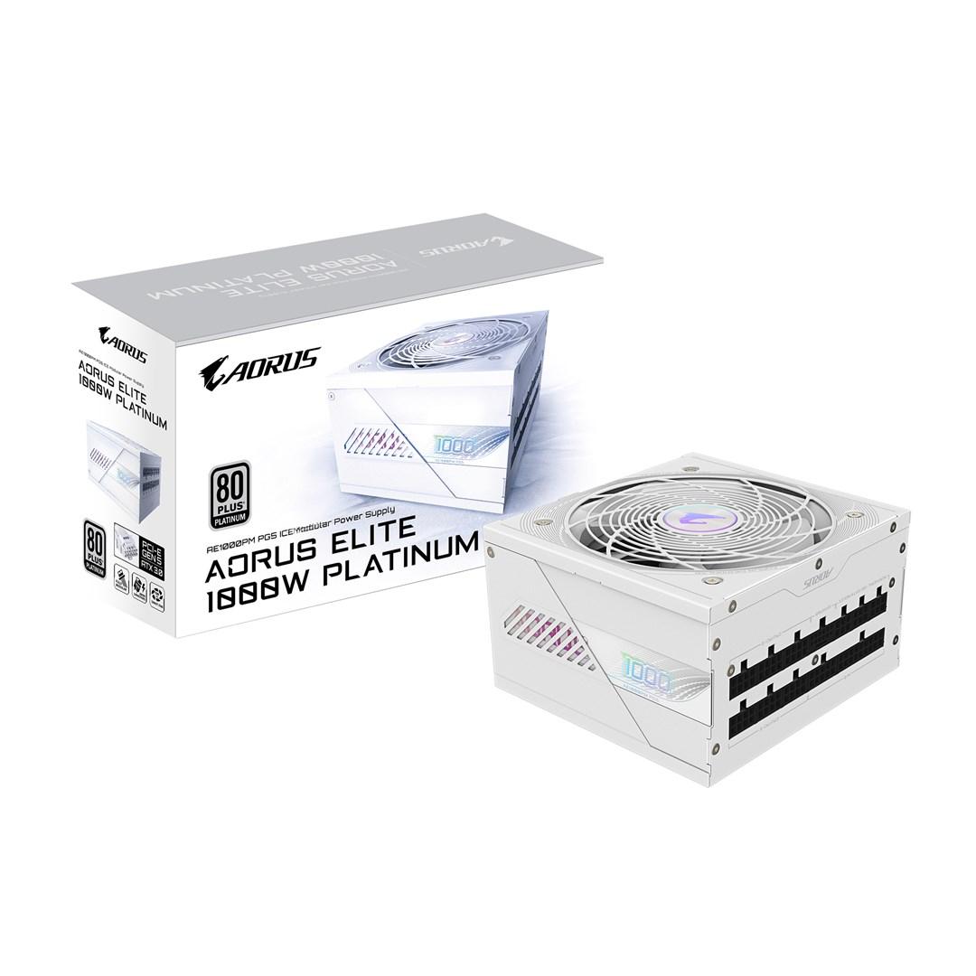 Gigabyte AORUS ELITE P1000W ICE strømforsyning - ATX 3.1, PCIe 5.0, 80 Plus Platinum, fuldt modulær, 120 mm blæser, EU-stik