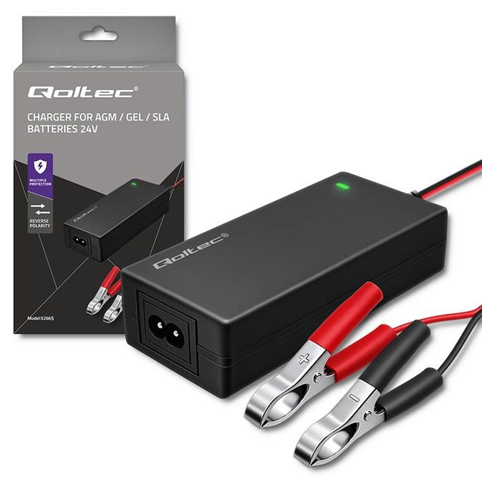 Qoltec 52665 automatisk oplader til AGM/GEL/STD batterier - 24 V, 2 A, 48 W, LED, 1,8 m kabel