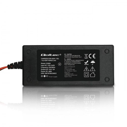 Qoltec 52665 automatisk oplader til AGM/GEL/STD batterier - 24 V, 2 A, 48 W, LED, 1,8 m kabel