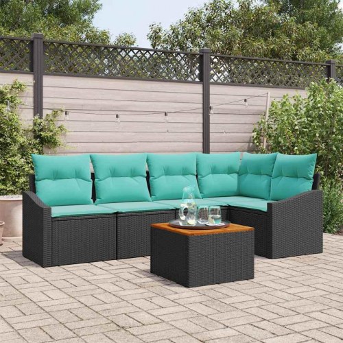 Havesofa Sæt med pude 6 stk Sort polyrattan